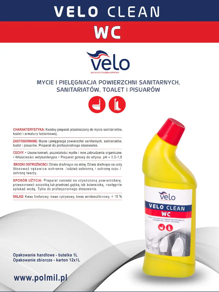 ⁨VELO CLEAN WC 1l  Żel myjąco-wybielający przeznaczony do mycia sanitariatów, powierzchni zmywalnych oraz bielenia tkanin⁩ w sklepie Wasserman.eu