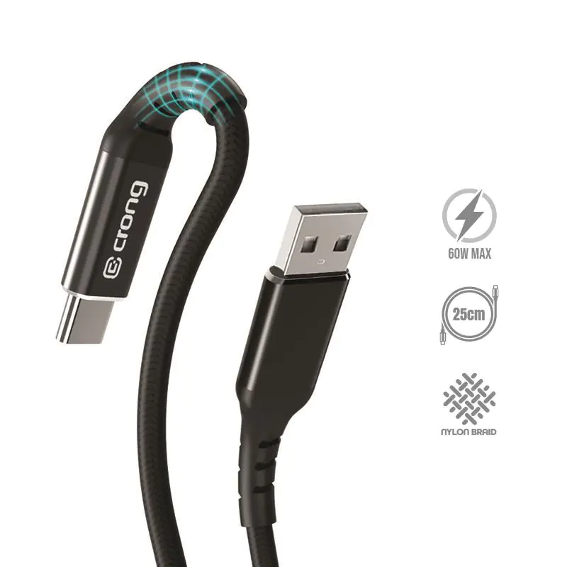 ⁨Crong Armor Link - Kabel 60W 3A USB-A do USB-C Power Delivery Fast Charging 25cm (czarny)⁩ w sklepie Wasserman.eu