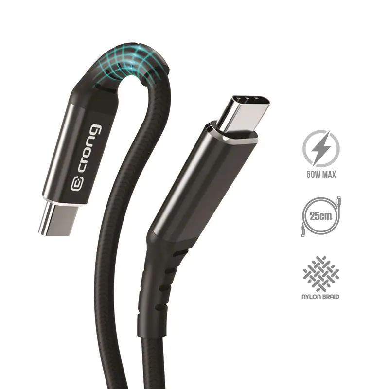 ⁨Crong Armor Link - Kabel 60W 3A USB-C do USB-C Power Delivery Fast Charging 25cm (czarny)⁩ w sklepie Wasserman.eu