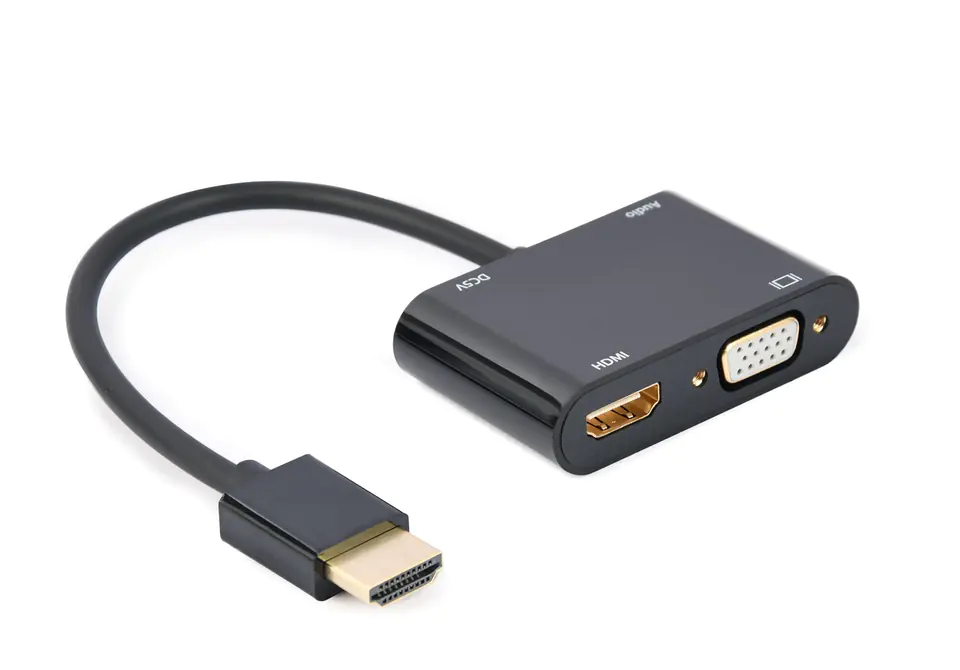 ⁨GEMBIRD ADAPTER HDMI MĘSKI DO HDMI ŻEŃSKI + VGA ŻEŃSKI Z AUDIO + PORT ZASILANIA⁩ w sklepie Wasserman.eu