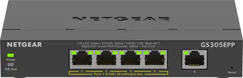 ⁨NETGEAR 5-Port Gigabit Ethernet High-Power PoE+ Plus Switch (GS305EPP) Managed L2/L3 Gigabit Ethernet (10/100/1000) Power over Ethernet (PoE) Black⁩ at Wasserman.eu
