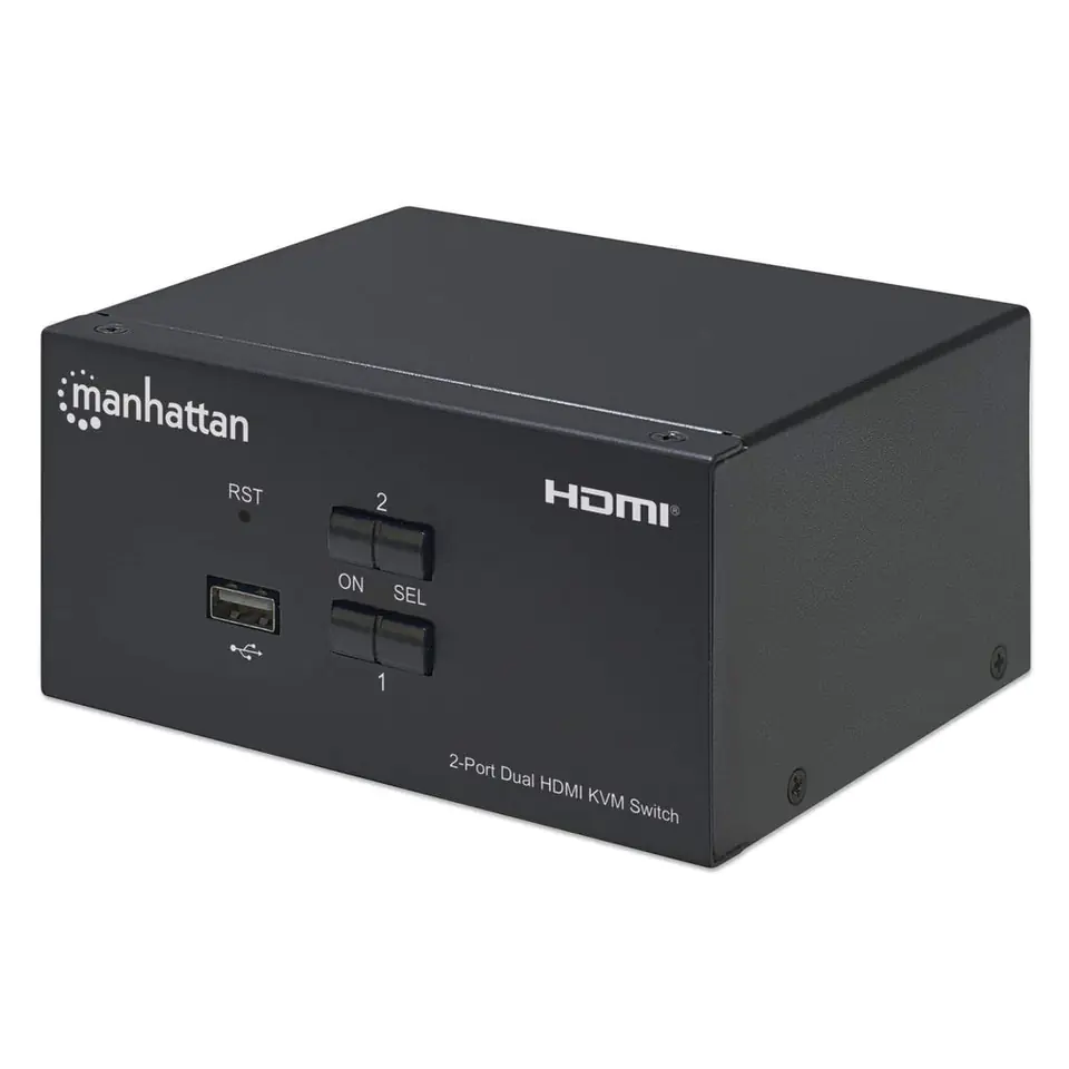 ⁨Manhattan HDMI KVM Switch 2-Port, 4K@30Hz, USB-A/3.5mm Audio/Mic Connections, Cables included, Audio Support, Control 2x computers from one pc/mouse/screen, USB Powered, Black, Three Year Warranty, Boxed⁩ at Wasserman.eu