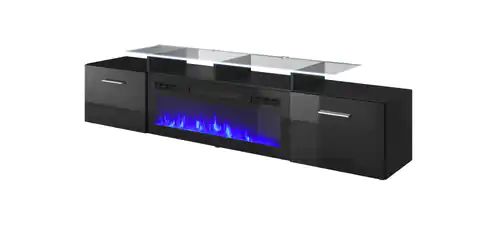⁨RTV cabinet ROVA with electric fireplace 190x37x48 cm black/black gloss⁩ at Wasserman.eu