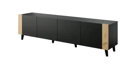 ⁨TV cabinet FARO 200x42x52 black matt + oak craft⁩ at Wasserman.eu