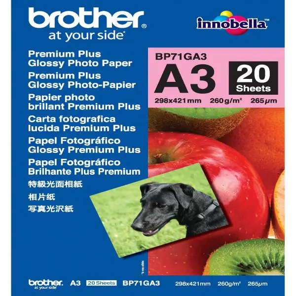 ⁨Brother Glossy Photo Paper, photo paper, gloss, white, A3, 260 g/m2, 20 pc(s), BP71GA3, ink⁩ at Wasserman.eu