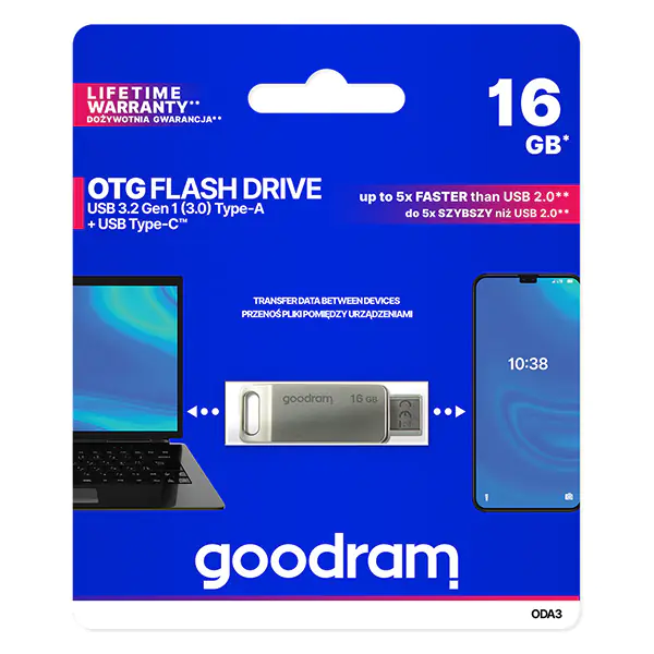 ⁨Goodram USB flash disk, USB 3.0, 16GB, ODA3, srebrny, ODA3-0160S0R11, USB A / USB C, z obrotową osłoną⁩ w sklepie Wasserman.eu