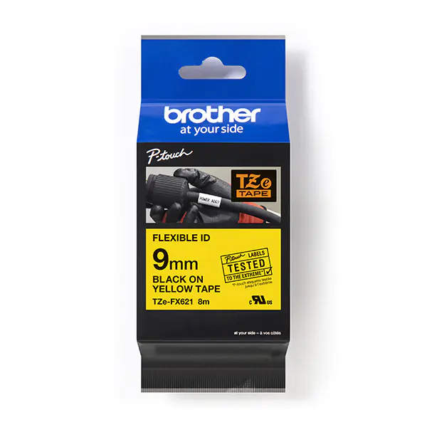 Brother oryginalny taśma do drukarek etykiet, Brother, TZEFX621, czarny druk/żółty podkład, laminowane, 8m, 9mm, flexibilní w sklepie Wasserman.eu