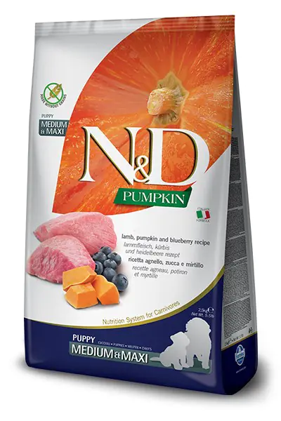 ⁨FARMINA N&D Pumpkin Lamb & Blueberry Puppy Medium & Maxi - sucha karma dla szczeniąt - 2,5kg⁩ w sklepie Wasserman.eu