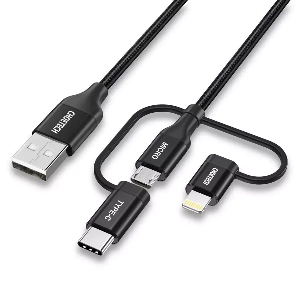 ⁨Choetech 3w1 kabel USB MFI Lightning / USB Typ C / micro USB (ładowanie 3A / przesyłanie danych 480 Mbps) 1,2 m czarny (IP0030-BK)⁩ w sklepie Wasserman.eu