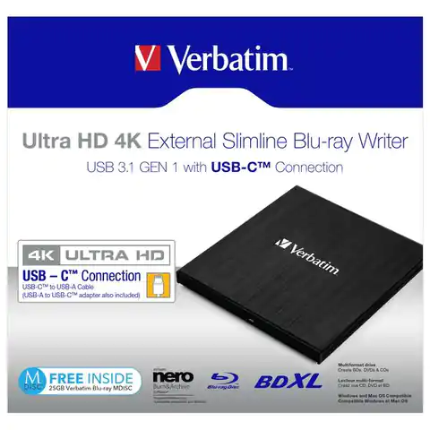 ⁨Verbatim Zewnętrzna nagrywarka Blu-Ray, 43888, USB 3.1 Gen1 (3.0), USB C⁩ w sklepie Wasserman.eu