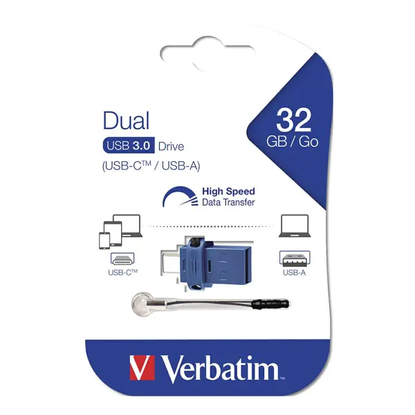 ⁨Verbatim USB flash disk OTG, USB 3.0, 32GB, Dual, blue, 49966, USB A / USB C, with key ring⁩ at Wasserman.eu