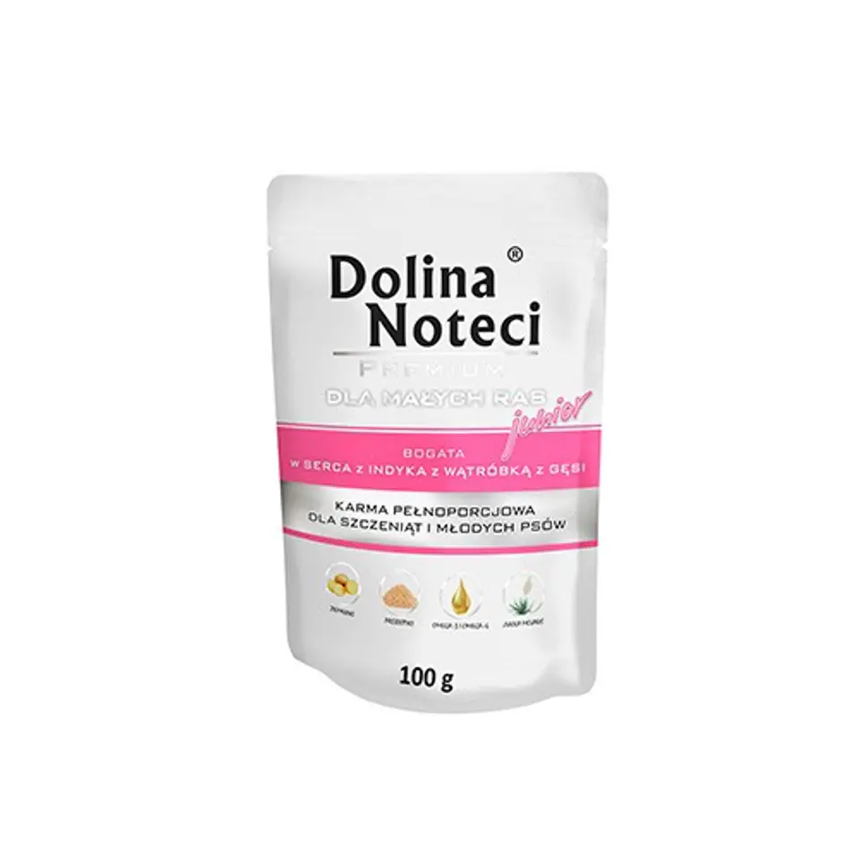 ⁨DOLINA NOTECI JUNIOR SMALL BREEDS RICH IN TURKEY HEARTS AND GOOSE LIVER 100g⁩ at Wasserman.eu