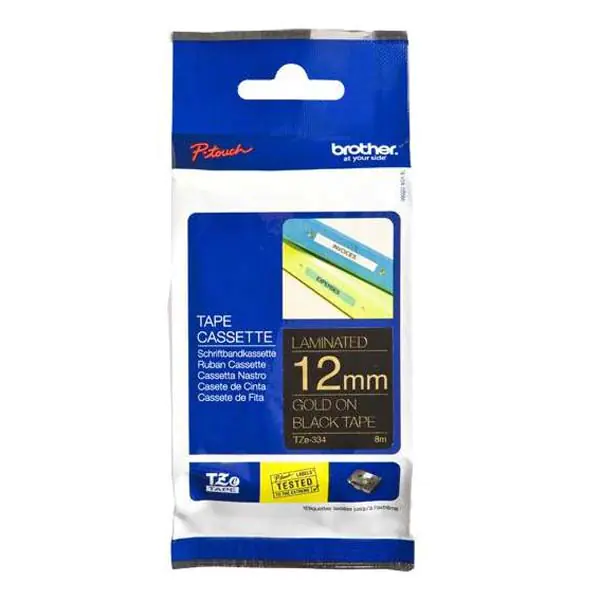 ⁨Brother oryginalny taśma do drukarek etykiet, Brother, TZE-334, złoty druk/czarny podkład, laminowane, 8m, 12mm⁩ w sklepie Wasserman.eu