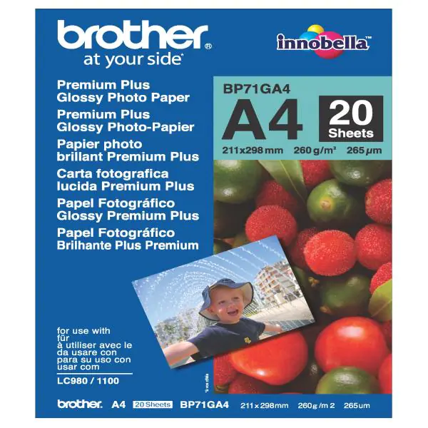 ⁨Brother Glossy Photo Paper, photo paper, gloss, white, A4, 260 g/m2, 20 pc(s), BP71GA4, ink⁩ at Wasserman.eu