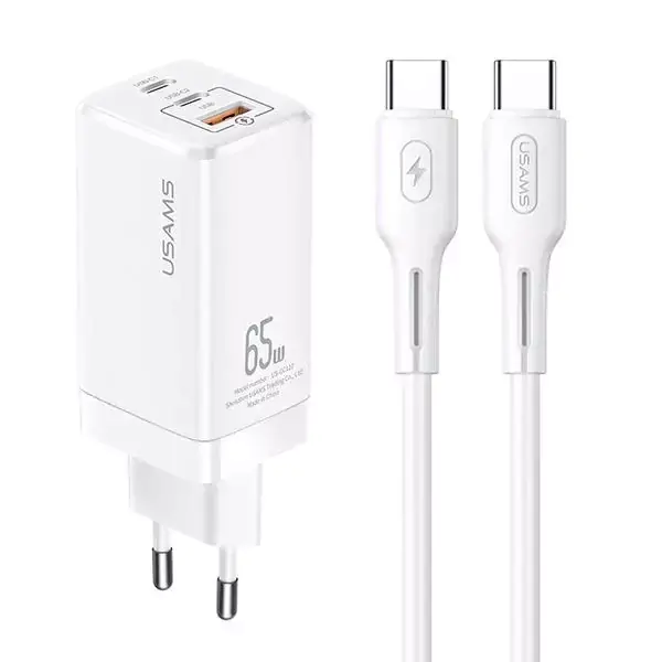 ⁨USAMS Order. mow. MT 2xUSB-C+USB GaN 65W T33 PD + USB-C-USB-C 100W Fast Charging cable white/white MTXLOGTC02⁩ at Wasserman.eu