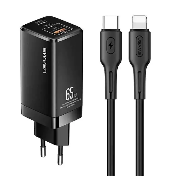 ⁨USAMS Order. mow. MT 2xUSB-C+USB GaN 65W T33 PD + USB-C-Lightning cable 30W Fast Charging black/black MTXLOGTL01⁩ at Wasserman.eu