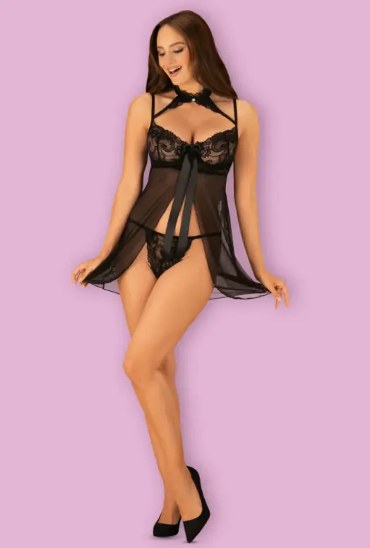 ⁨1 KOMPLET OBSESSIVE ELIZENES BABYDOLL I STRINGI (kolor czarny, rozmiar S/M)⁩ w sklepie Wasserman.eu