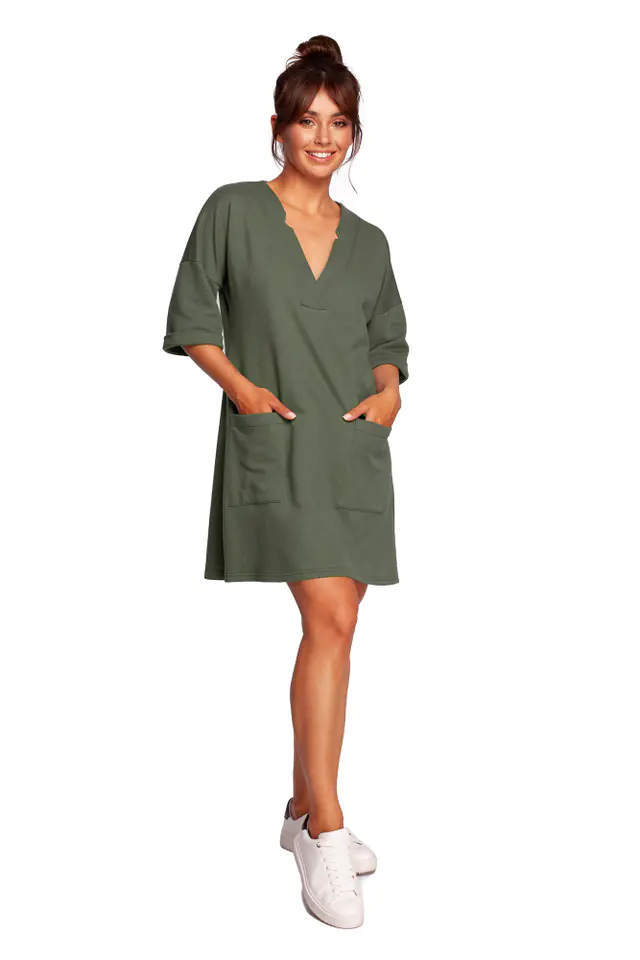 ⁨B233 Tunic with deep neckline and pockets - khaki (Khaki color, size S/M)⁩ at Wasserman.eu