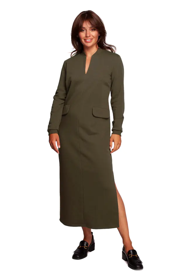 ⁨B242 Maxi dress with decorative lapels - olive (Olive color, Size XXL (44))⁩ at Wasserman.eu