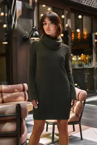 ⁨BK010 Sweater mini turtleneck dress - khaki (Khaki color, Size S-L)⁩ at Wasserman.eu