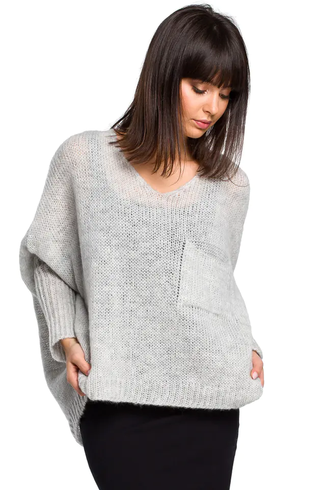 ⁨BK018 Loose sweater with pocket - grey (Light grey, size S-L)⁩ at Wasserman.eu