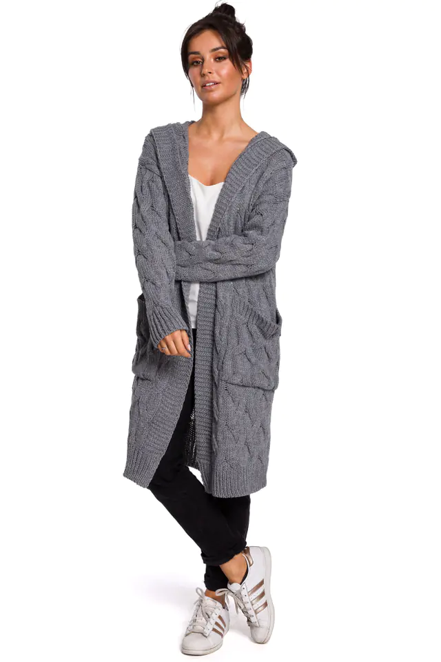 ⁨BK033 Długi kardigan z warkoczem - szary (kolor Grey, rozmiar L/XL)⁩ w sklepie Wasserman.eu