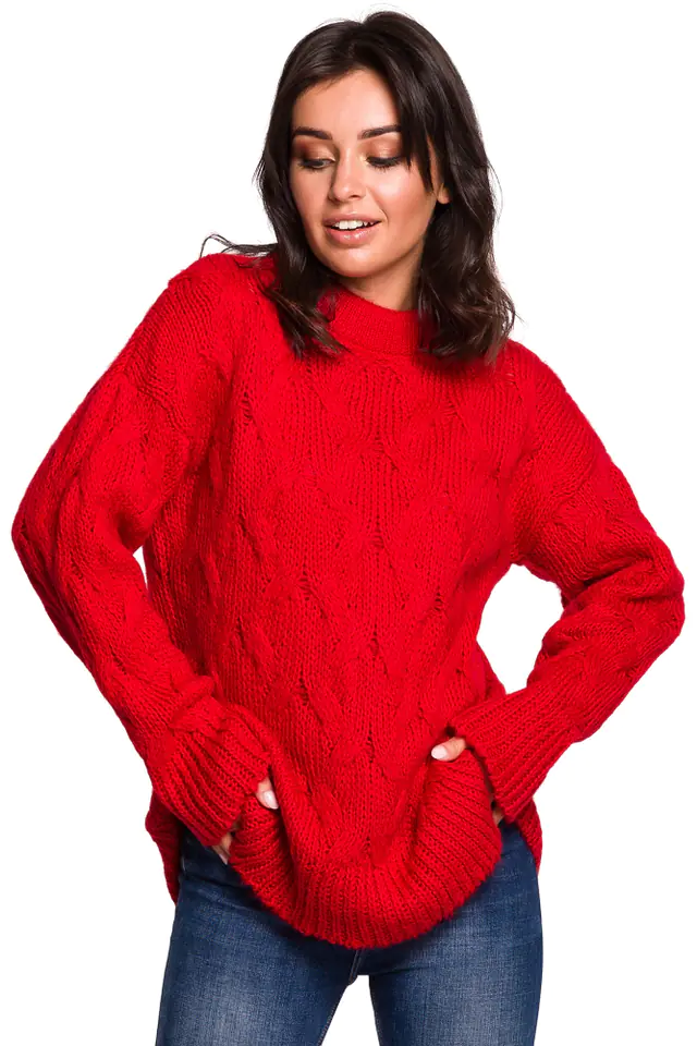 ⁨BK038 Sweter ze splotem typu warkocz - czerwony (kolor red, rozmiar L/XL)⁩ w sklepie Wasserman.eu