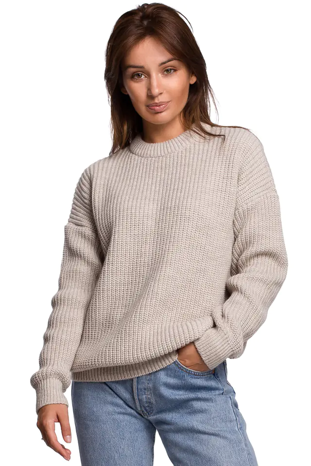 ⁨BK052 Długi sweter w prążek - beżowy (kolor Beige, rozmiar L/XL)⁩ w sklepie Wasserman.eu