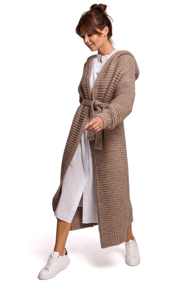 ⁨BK054 Long cardigan with hood and belt - cappuccino (color cappucino, one size one)⁩ at Wasserman.eu