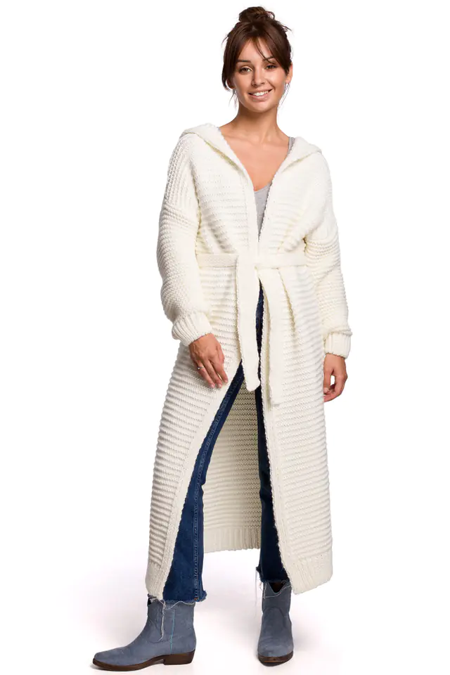 ⁨BK054 Long cardigan with hood and belt - ecru (Colour ecru, One size one-size)⁩ at Wasserman.eu