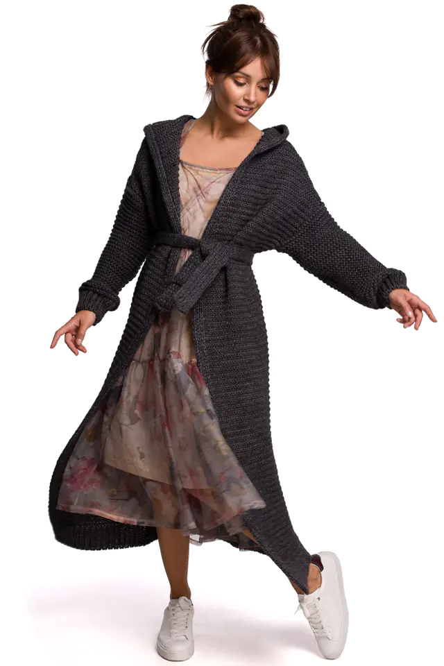 ⁨BK054 Long cardigan with hood and strap - graphite (Graphite color, One size one)⁩ at Wasserman.eu