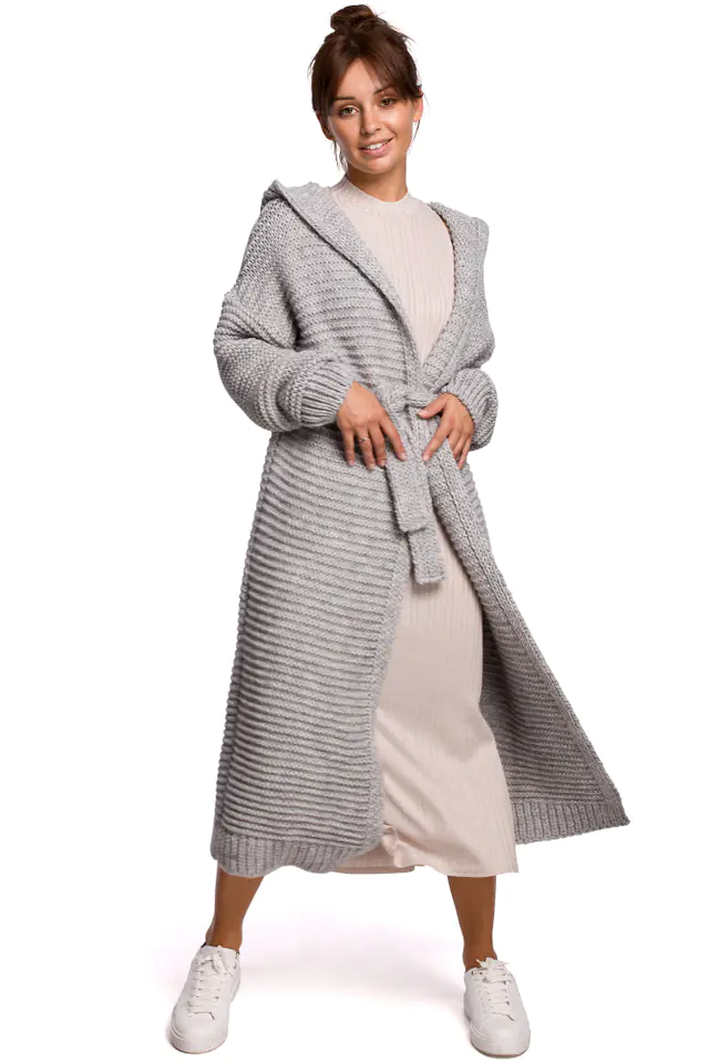 ⁨BK054 Long cardigan with hood and belt - grey (Colour grey, one size for one thing)⁩ at Wasserman.eu