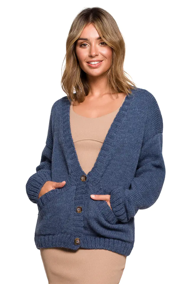 ⁨BK074 Button cardigan with wide pockets - blue (Color: blue, Size S/M)⁩ at Wasserman.eu