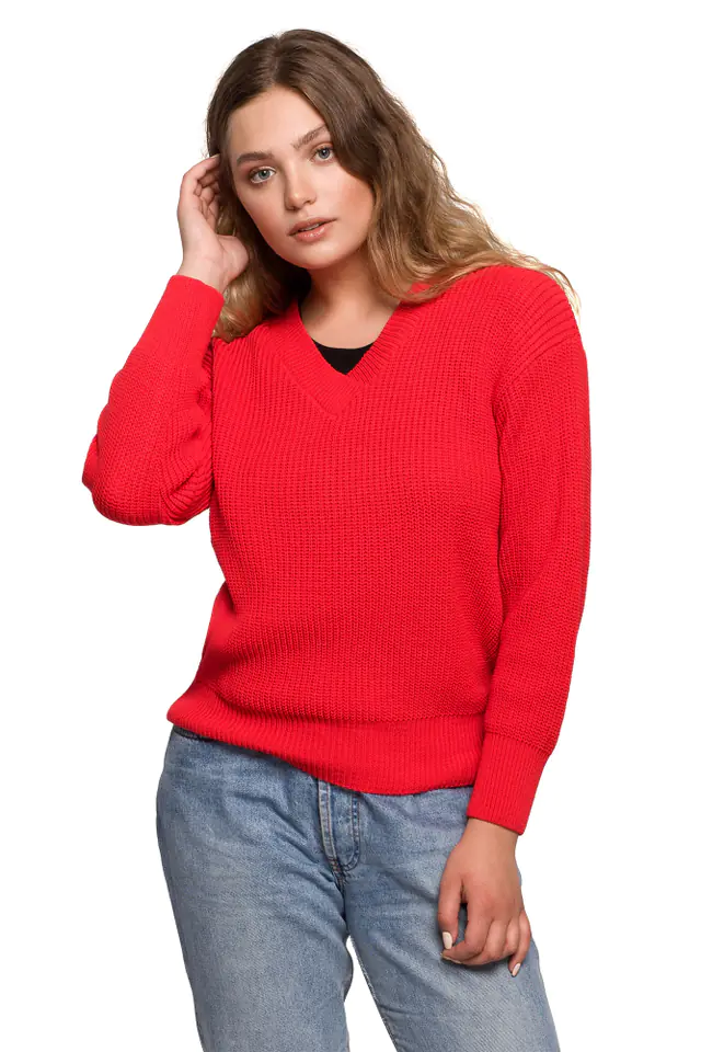 ⁨BK075 Sweter z dekoltem w serek - czerwony (kolor red, rozmiar L/XL)⁩ w sklepie Wasserman.eu