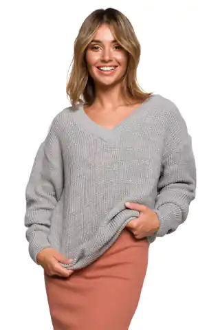 ⁨BK075 Sweter z dekoltem w serek - szary (kolor Grey, rozmiar L/XL)⁩ w sklepie Wasserman.eu