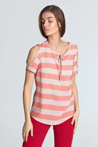 ⁨Bluzka w paski z wycięciami na ramionach - B99 (kolor pomarańcz/paski, rozmiar 44)⁩ w sklepie Wasserman.eu