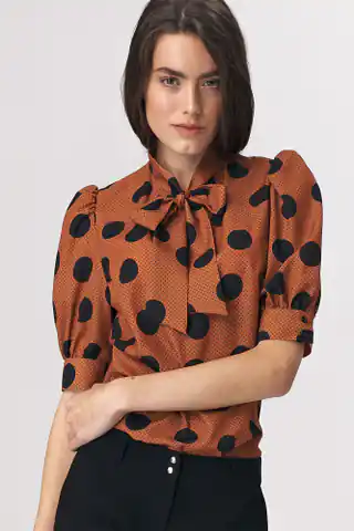 ⁨Brown blouse with polka dot neckline tie - B111 (Brown, Size XS (34))⁩ at Wasserman.eu