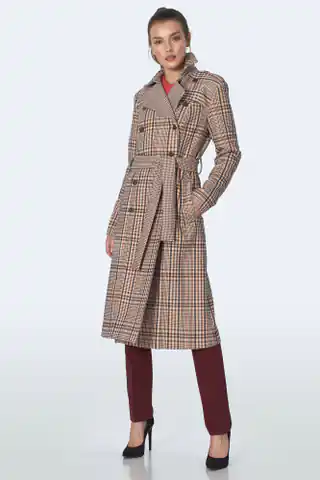 ⁨Double-breasted coat with beige checked strap - PL10 (Beige, size L (40))⁩ at Wasserman.eu