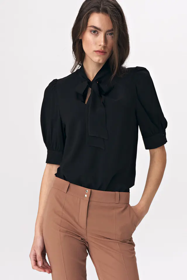 ⁨Elegant black blouse with neckline tie - B107 (Black, Size XS (34))⁩ at Wasserman.eu