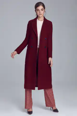 ⁨Elegancki bordowy płaszcz dwurzędowy - PL06 (kolor bordo, rozmiar 40)⁩ w sklepie Wasserman.eu