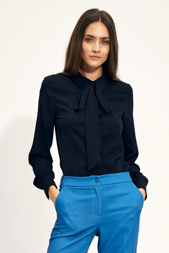 ⁨Navy blouse with bow - B142 (Navy blue, Size XXL (44))⁩ at Wasserman.eu