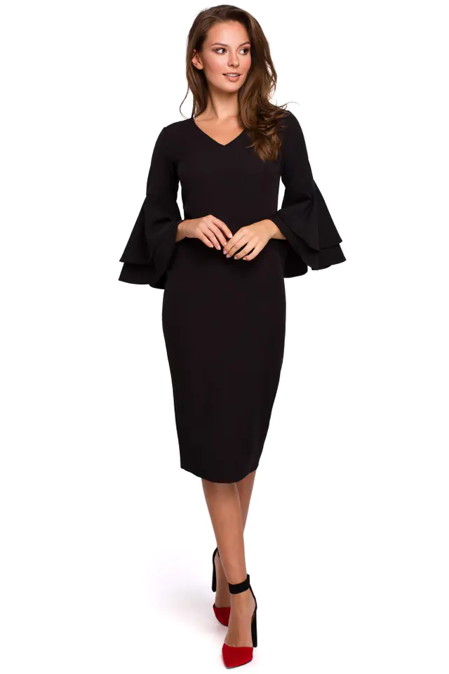 ⁨K002 Sukienka z falbanami przy rękawach - czarna (kolor czarny, rozmiar L)⁩ w sklepie Wasserman.eu