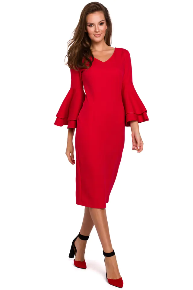 ⁨K002 Sukienka z falbanami przy rękawach - czerwona (kolor czerwony, rozmiar L)⁩ w sklepie Wasserman.eu
