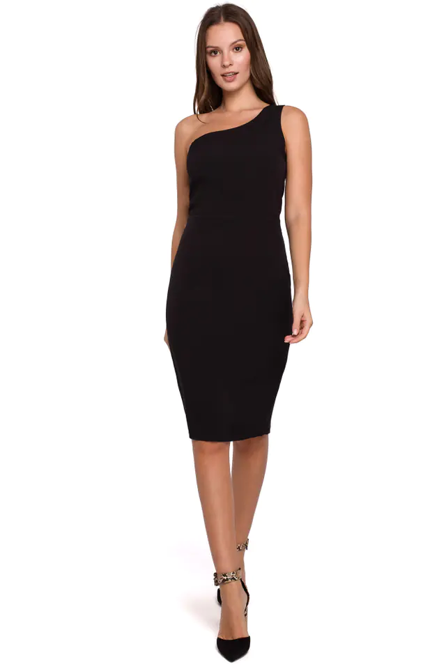 ⁨K003 Sukienka na jedno ramię - czarna (kolor czarny, rozmiar M)⁩ w sklepie Wasserman.eu