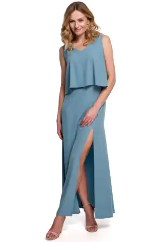 ⁨K048 Sukienka maxi z falbaną u góry - zimny niebieski (kolor niebieski, rozmiar XL)⁩ w sklepie Wasserman.eu