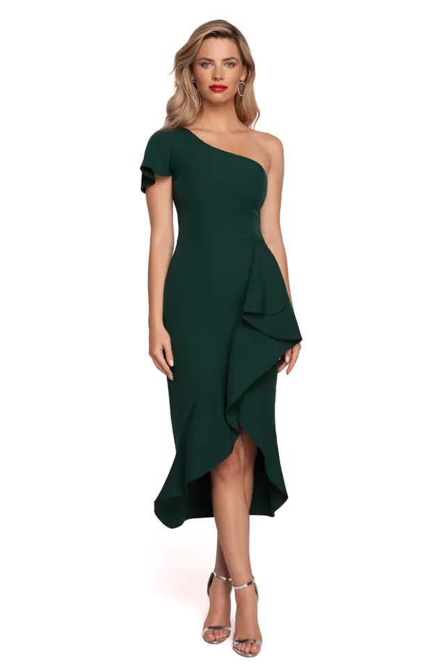 ⁨K146 Sukienka na jedno ramię z falbaną - butelkowa zieleń (kolor zielony, rozmiar M)⁩ w sklepie Wasserman.eu
