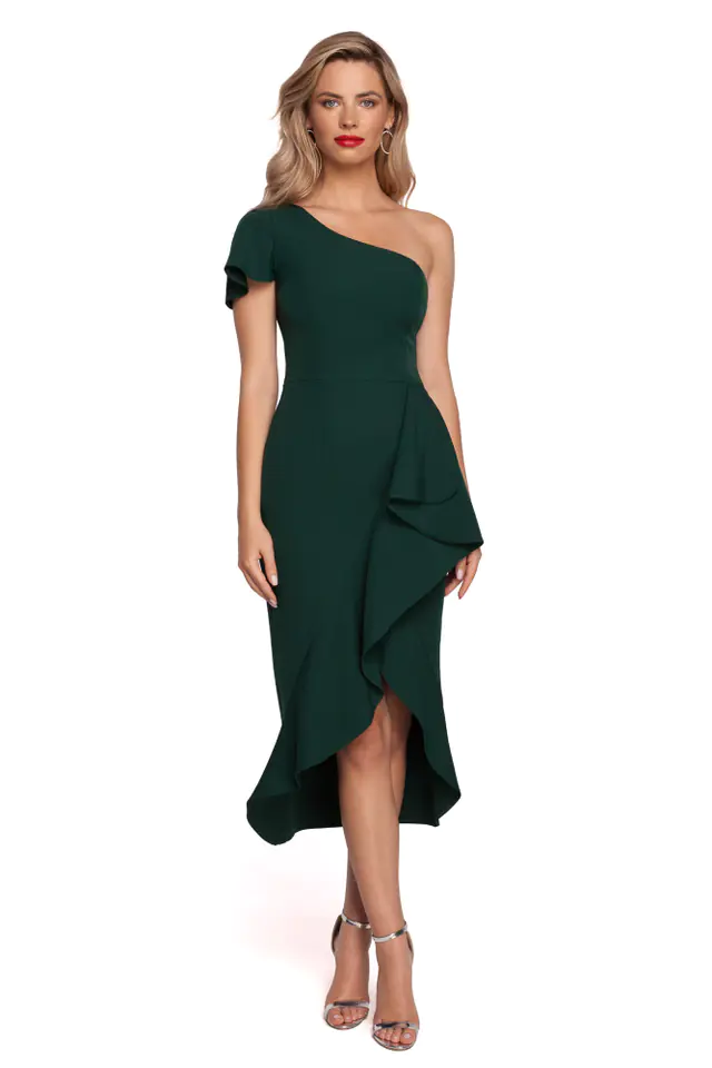 ⁨K146 One-shoulder dress with frill - bottle green (Green, Size M (38))⁩ at Wasserman.eu