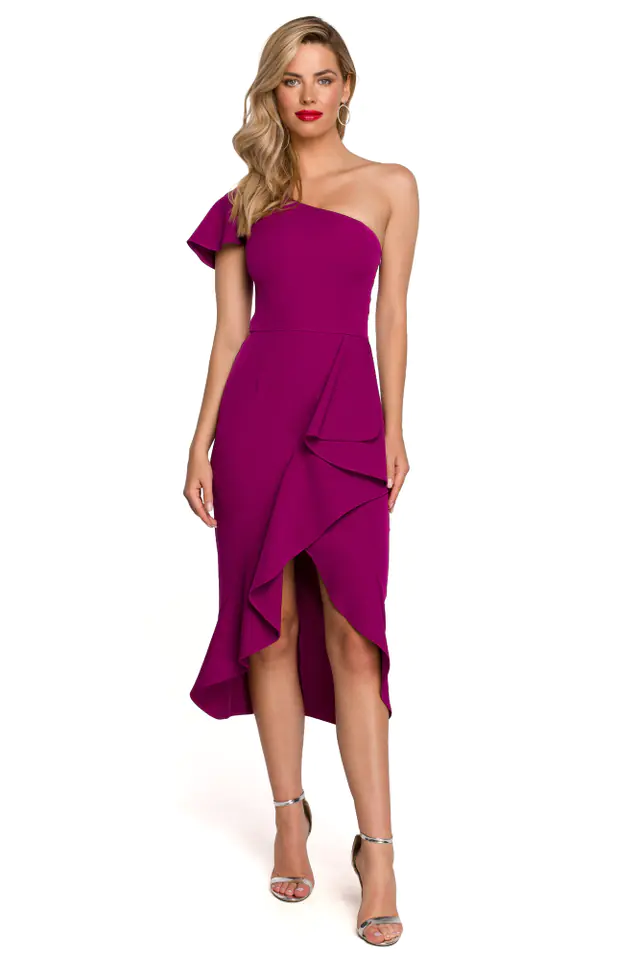 ⁨K146 Sukienka na jedno ramię z falbaną - rubin (kolor rubinowy, rozmiar M)⁩ w sklepie Wasserman.eu