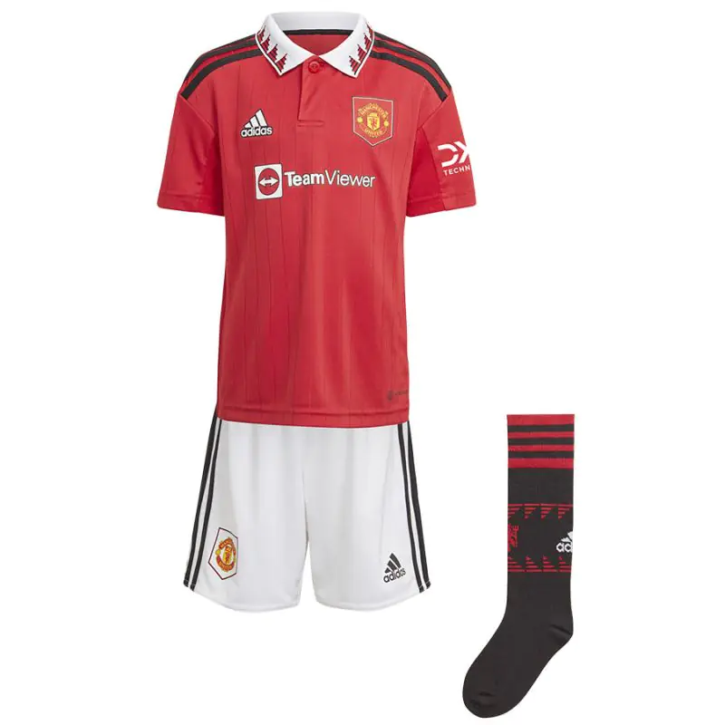 ⁨Komplet adidas Manchester United H Mini Jr (kolor Biały. Czerwony, rozmiar 92 cm)⁩ w sklepie Wasserman.eu