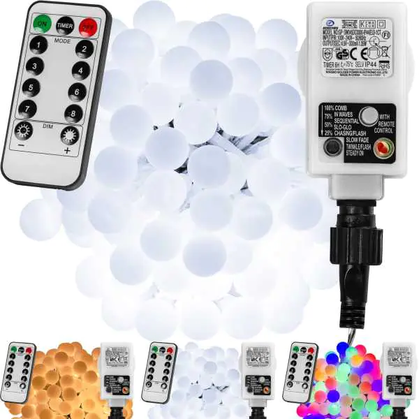 ⁨100 LED lights white balls 10m with programmer and remote control IP44⁩ at Wasserman.eu